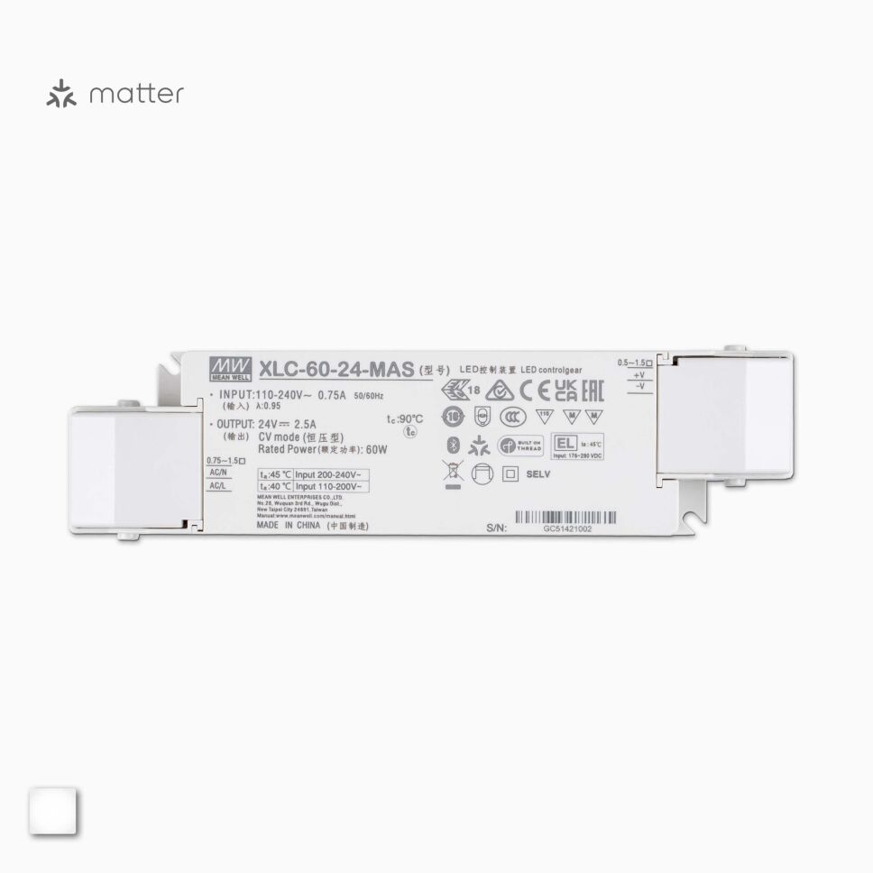 Draufsicht auf das LED Netzteil der XLC-60 Serie, mit 60W Leistung und MATTER Steuerung