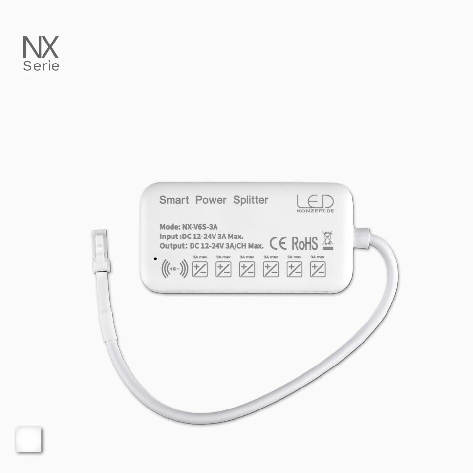NX LED 6-fach Verteiler mit Sensoreingang für NX Master-Steuerungen. Kavaliersperspektive