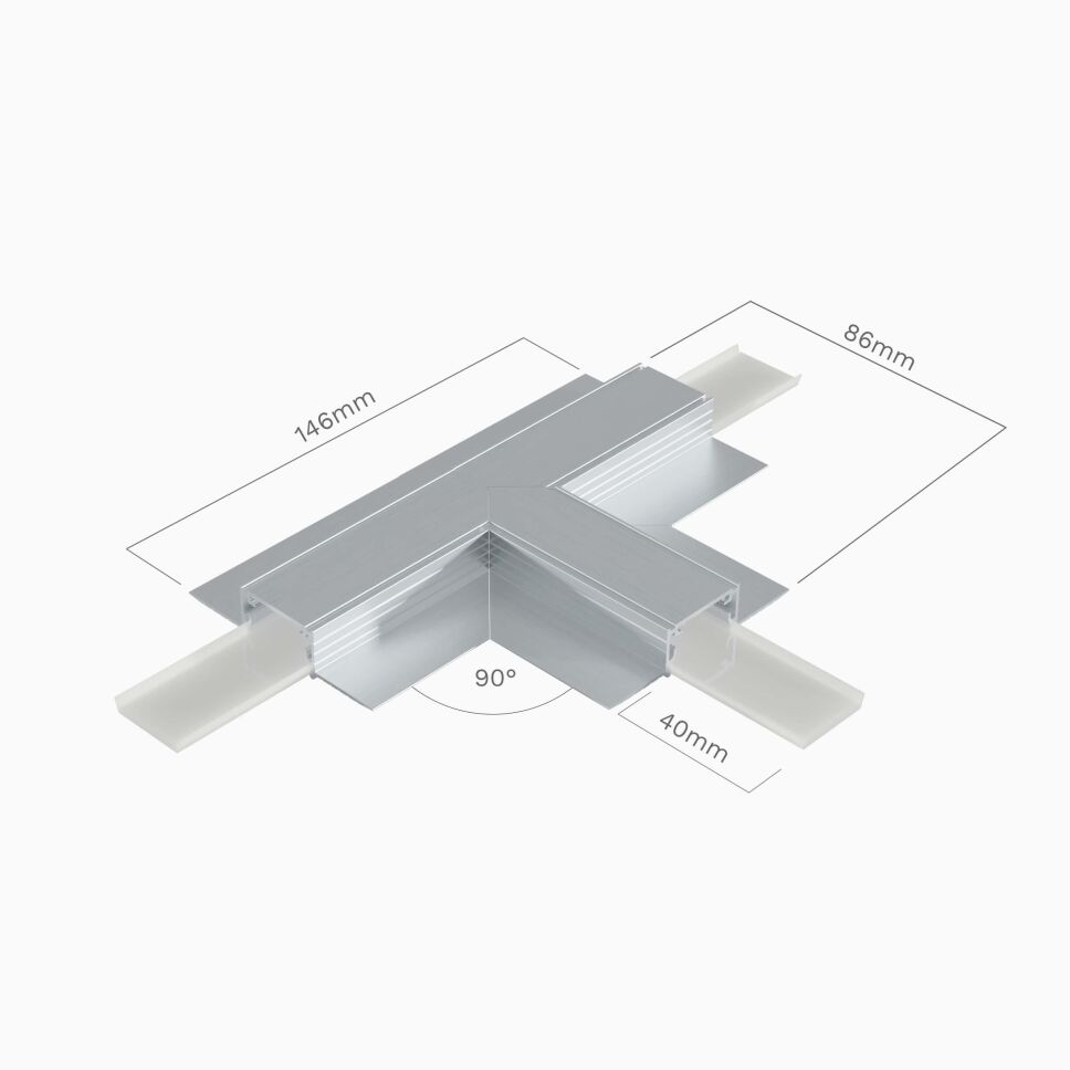 Rückseite vom T-Verbinder T90 für LED Alu Profil LIZUS, samt Bemaßung