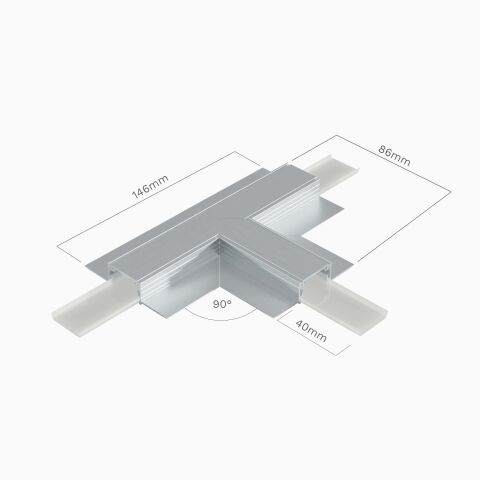 Rückseite vom T-Verbinder T90 für LED Alu Profil LIZUS, samt Bemaßung