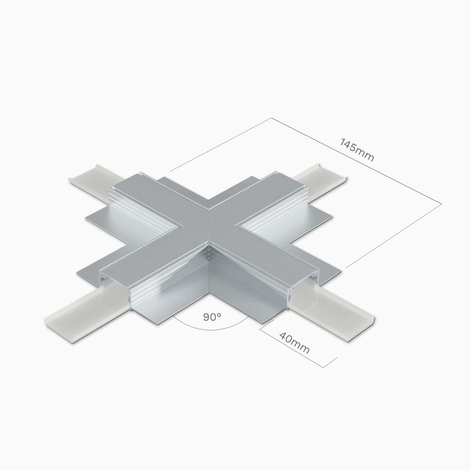 Rückseite vom Kreuz-Verbinder X90 für LED Alu Profil LIZUS, samt Bemaßung