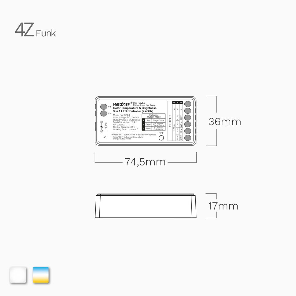 teschnische bemaßte Zeichnung vom 4Z CCT LED Funk Controller mit 4 Zonen