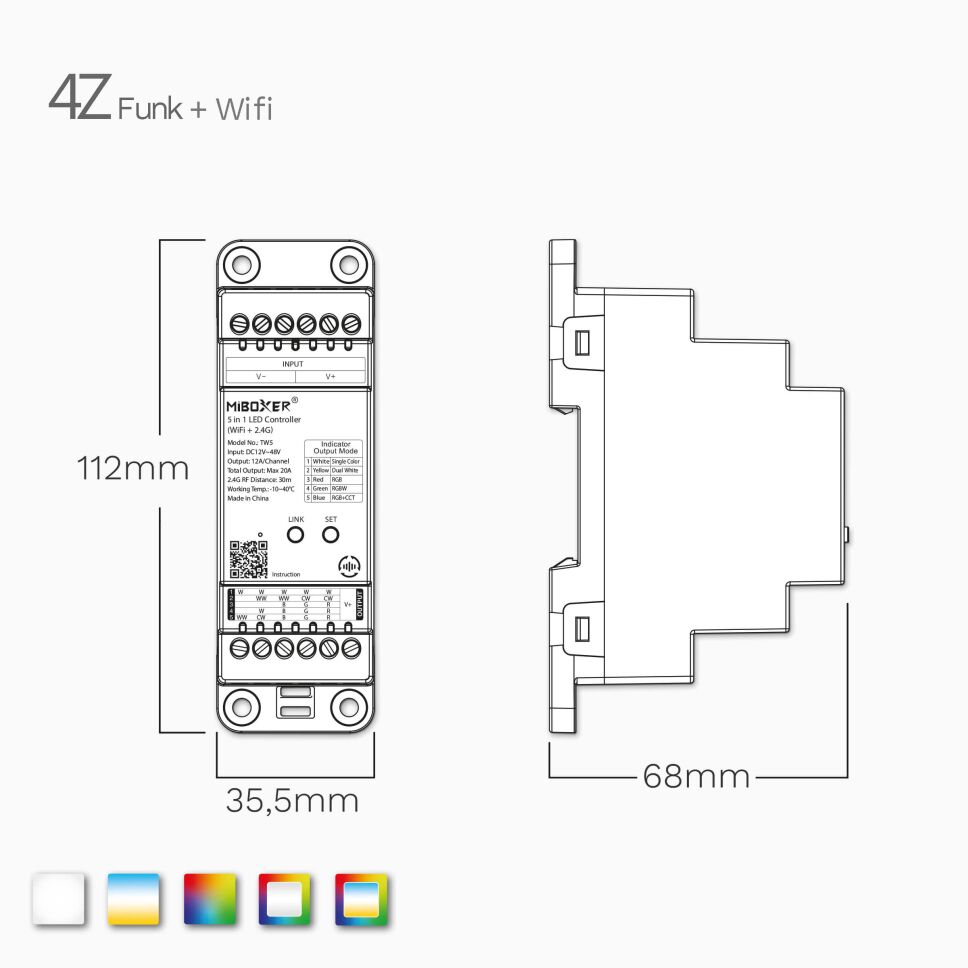 technische Zeichnung und Bemaßung vom 4Z Funk Controller DIN Hutschiene
