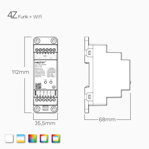 technische Zeichnung und Bemaßung vom 4Z Funk Controller DIN Hutschiene