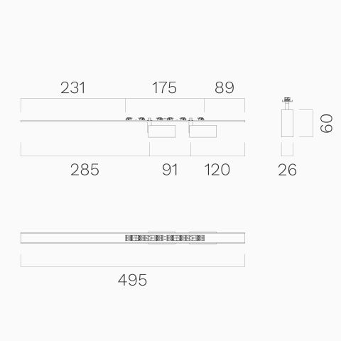 Technische Zeichnung vom LED Spot26 Duo in 49,5cm Länge