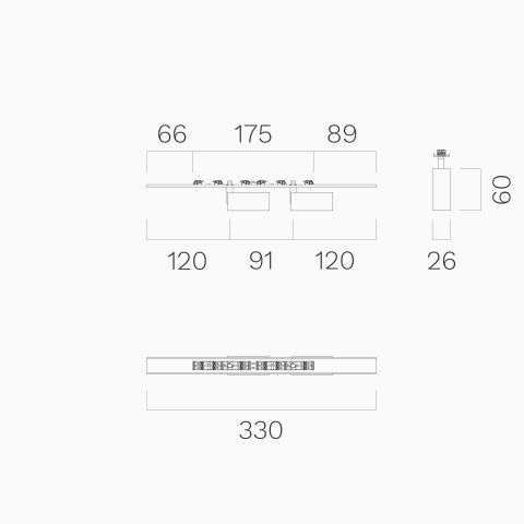 Technische Zeichnung vom LED Spot26 Duo in 33cm Länge