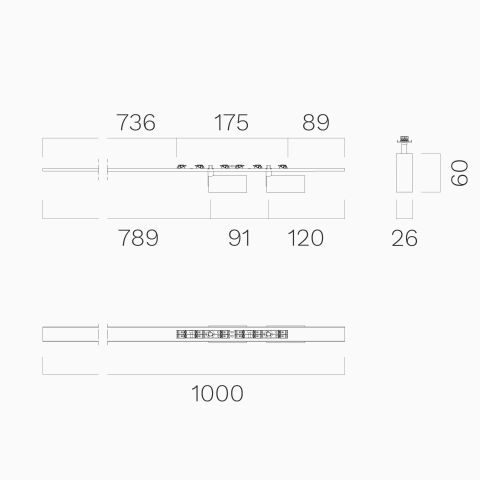 Technische Zeichnung vom LED Spot26 Duo in 100cm Länge mit symmetrischer Anordnung