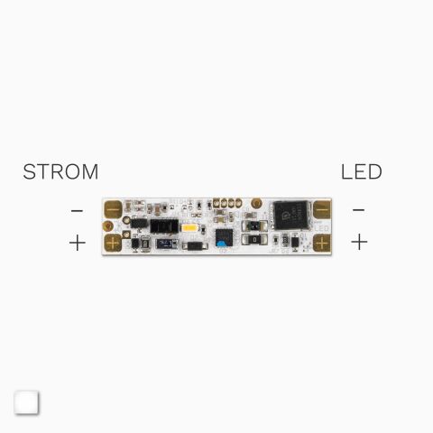Draufsicht auf den LED Profil Sensor Dimmer, Anschluesse für LED Streifen und DC-Stromverbindung sind beschriftet