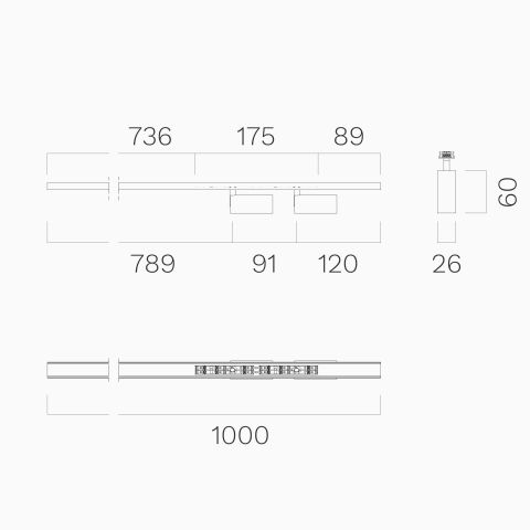 Technische Zeichnung vom LED Spot26 Duo in 100cm Länge