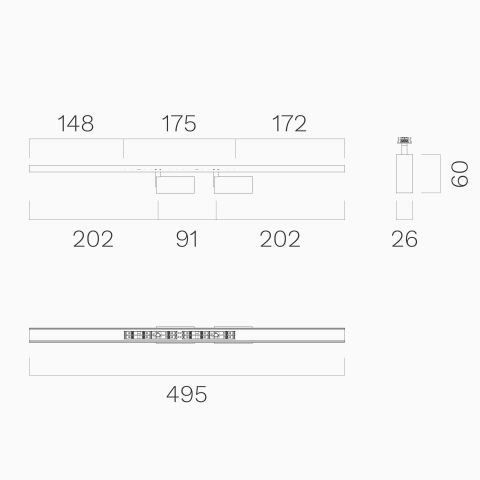 Technische Zeichnung vom LED Spot26 Duo in 49,5cm Länge