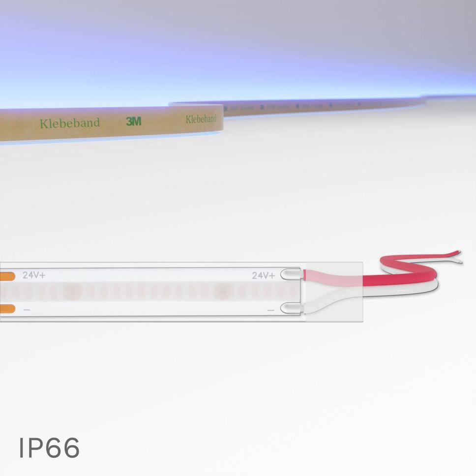 Produktbild vom blauen COB LED Streifen im IP66 Silikonschlauch