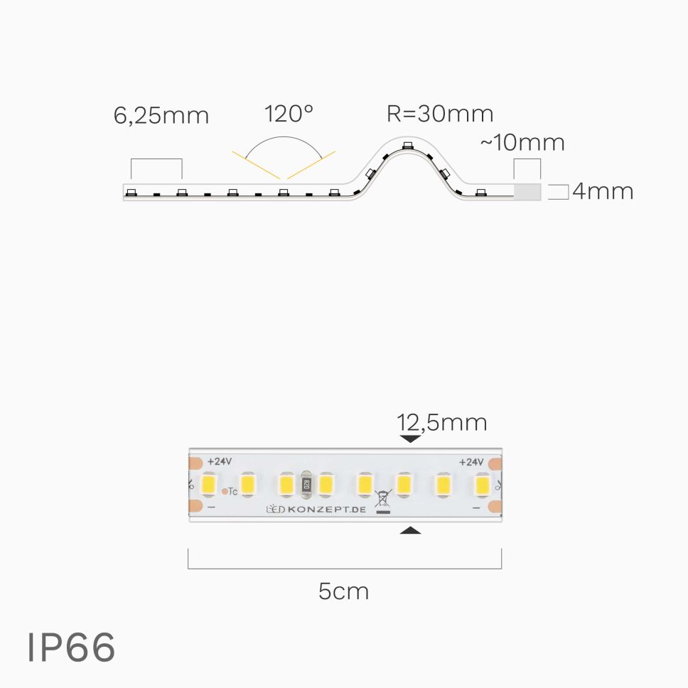 Technische Darstellung vom 15,5W/m LED Streifens mit...