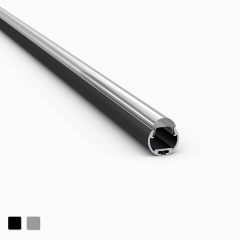 Produktbild LED Alu Profil RKP-L in schwarz mit Linsenabdeckung und Innenschiene, freigestellt vor grauem Hintergrund