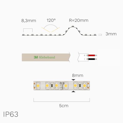 IP63 LED Streifen in der Draufsicht mit Bemaßung. Technische Abbildung aus der Drauf und Seitenansicht