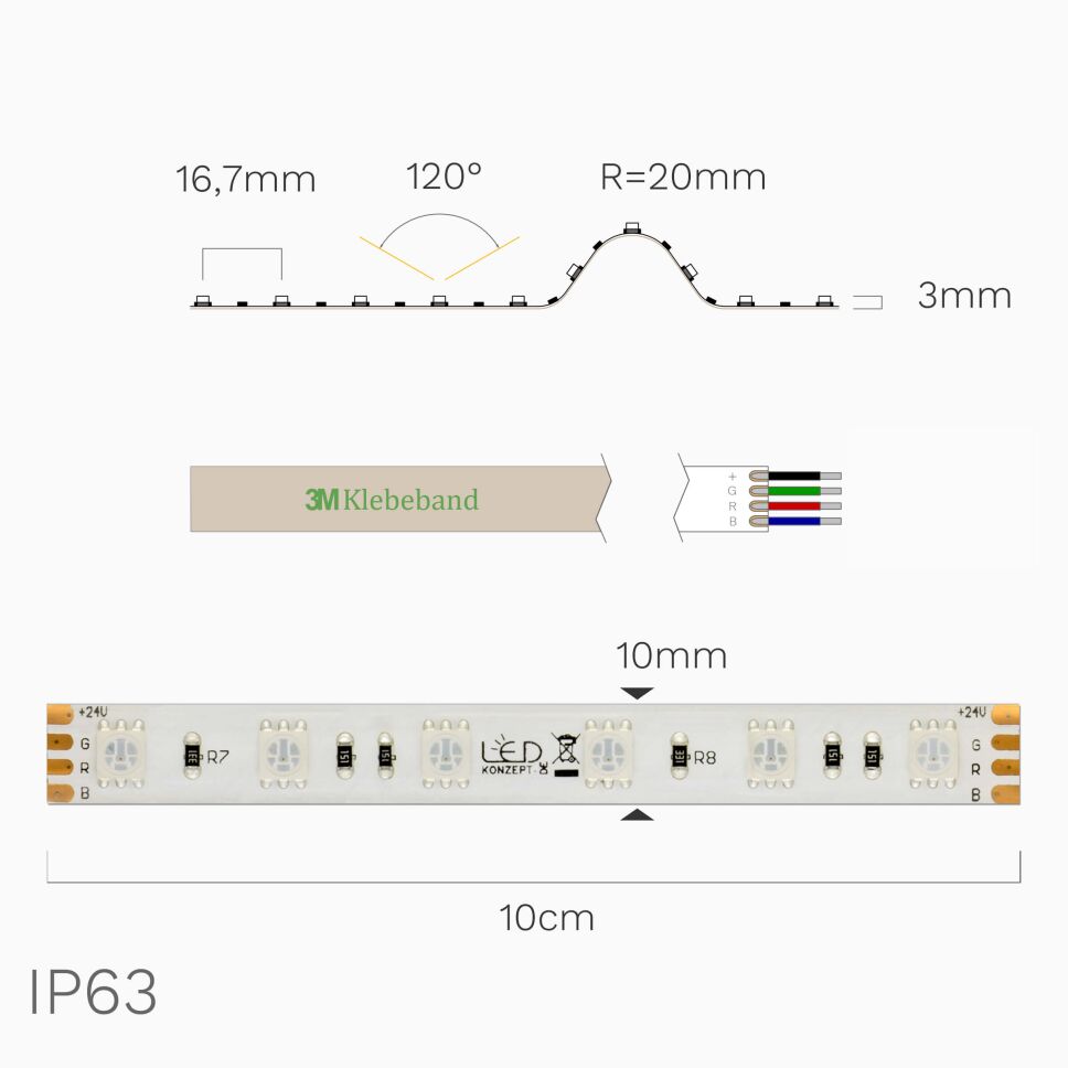 RGB LED Streifen 24V, IP63, wasserbeständig, 500cm, 99,00 €