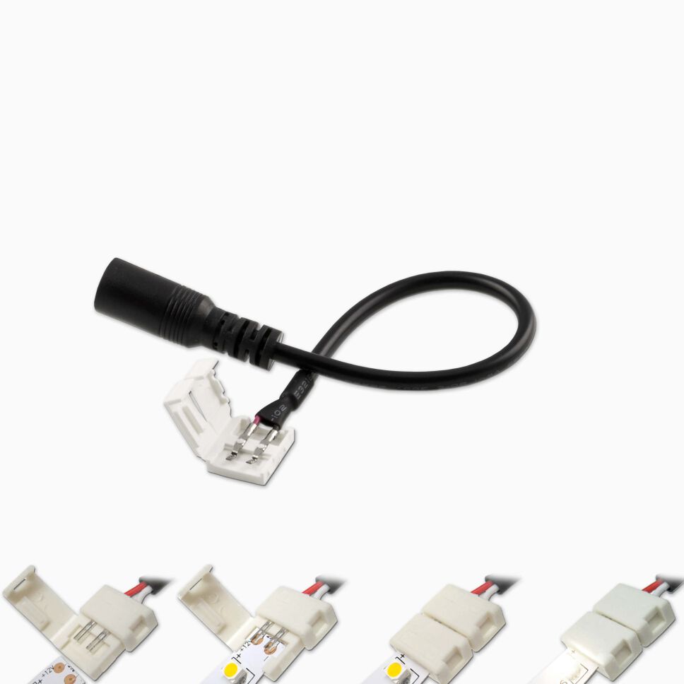 Schnellverbinder für LED Streifen mit 10mm Streifenbreite, an einem Ende mit DC-Buchse, am anderen Ende mit Schnellverbinder, unten ist eine Anleitung für Montage