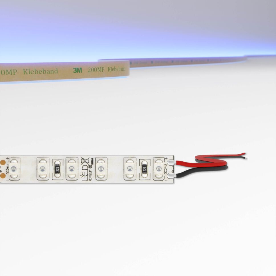 schmaler 8mm breiter, dicht bestückter LED Streifen mit 5cm Modullänge, technische Zeichnung zeigt Litzenanschluss als Anschlussvariante