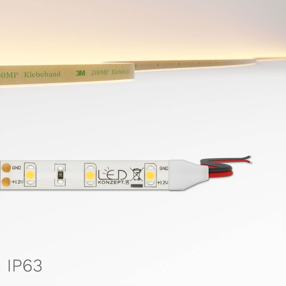 LED Streifen  12V  weiß  4W/m  warmweiß IP63, 500cm,  mit Litzenanschluss (ca. 15cm)