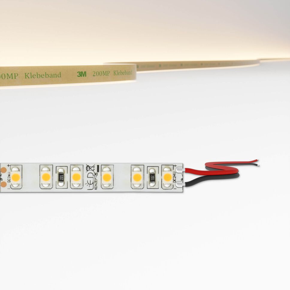 LED Streifen  24V  weiß  8W/m  warmweiß  3000K,  500cm,  mit Litzenanschluss (ca. 15cm)