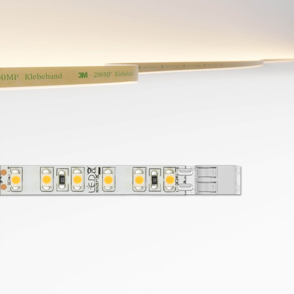 Draufsicht auf LED Streifen mit 8mm Breite und 120 LEDs pro Meter, technische Zeichnung zeigt die ausgewählte Anschlussart