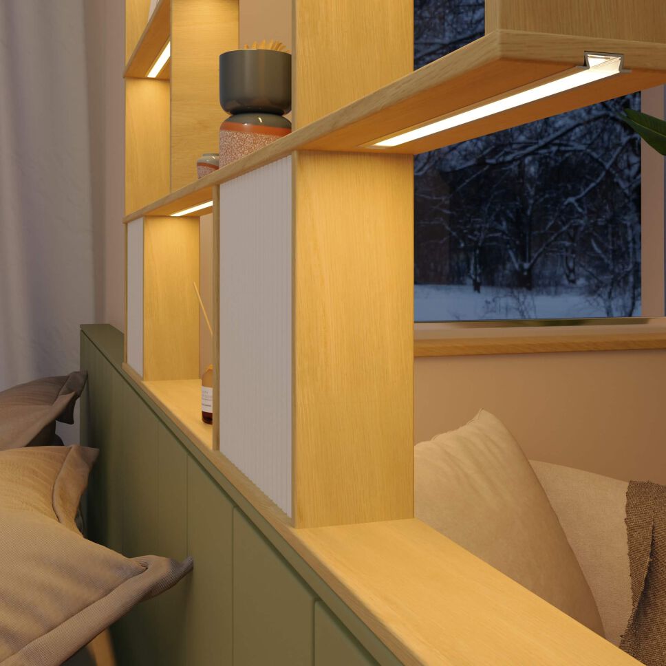 Regalbodenbeleuchtung Uplight und Unterbaubelecuhtung downlights mit dem LED Alu Profil FK, weiß leuchtend