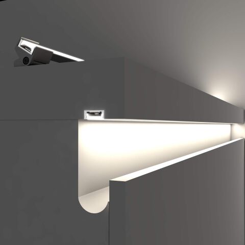 Anwendungsbeispiel, LED Alu Profil SK zur Beleuchtung von Nischen und als indirekte Beleuchtung mit Montageclip mit Gelenk, weiß leuchtend