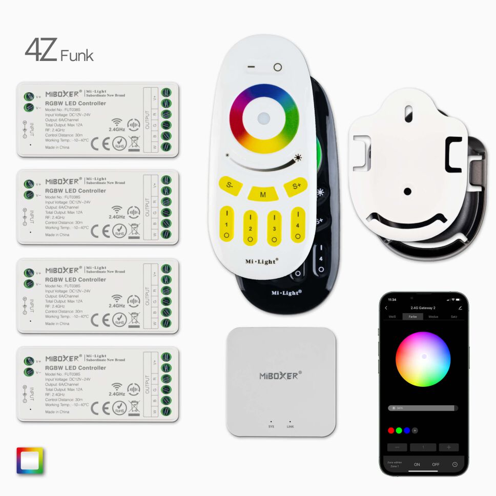 4Z RGBW RGB LED Funk Fernbedienung, 4 Funk Empfänger, Wandhalterung, Wifi-Controller und App-Maske, Produktbild und Lieferumfang