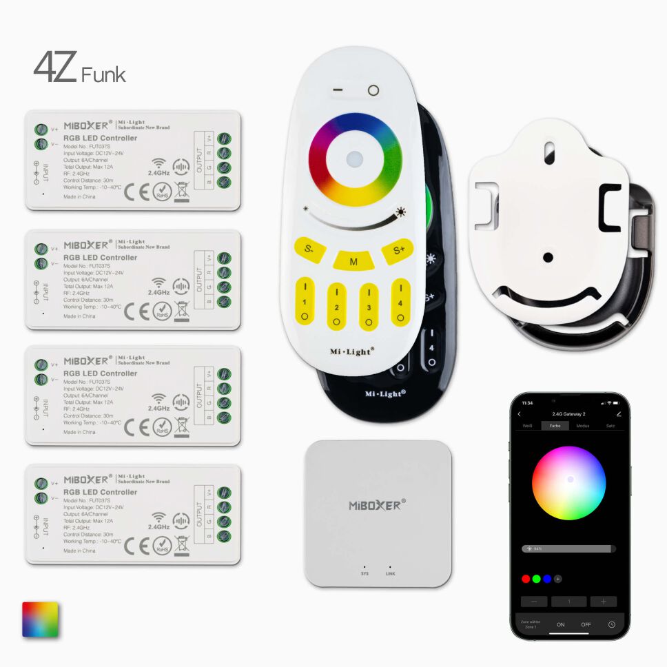 4Z RGBW-RGB LED Funk Fernbedienung, 4 RGB Funk Empfänger, Wandhalterung, Wifi-Controller und App-Maske, Produktbild und Lieferumfang