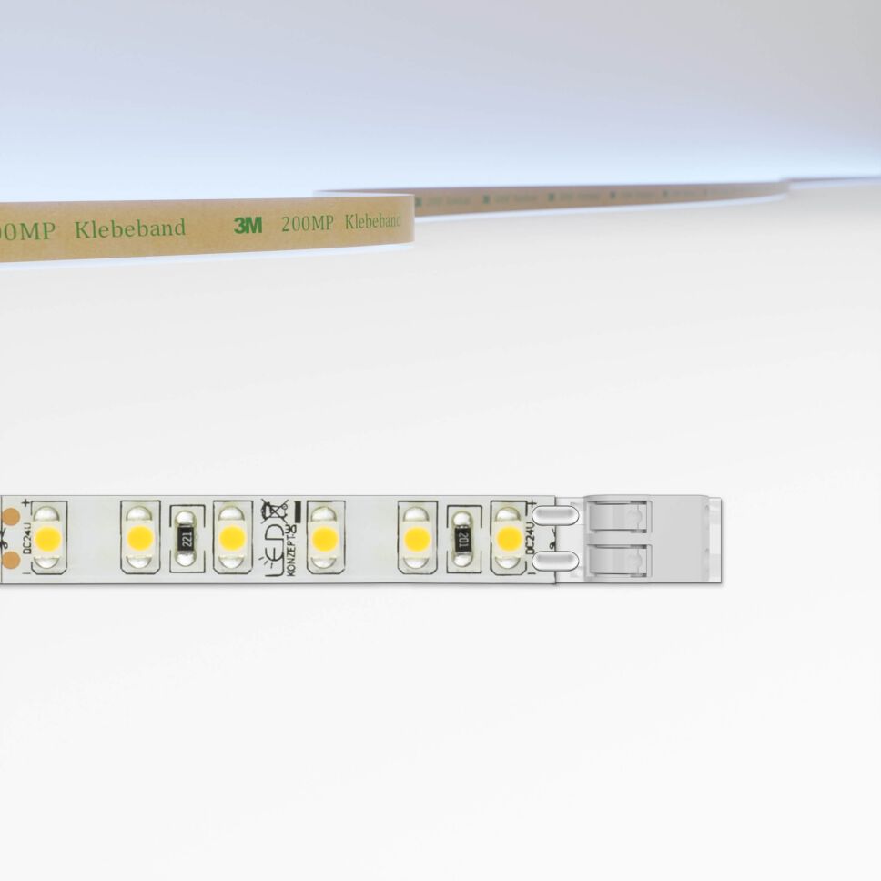 LED Streifen 24V mit 120 LEDs pro Meter und 5cm Modullänge, technische Zeichnung zeigt Anschlussart Klemmsystem