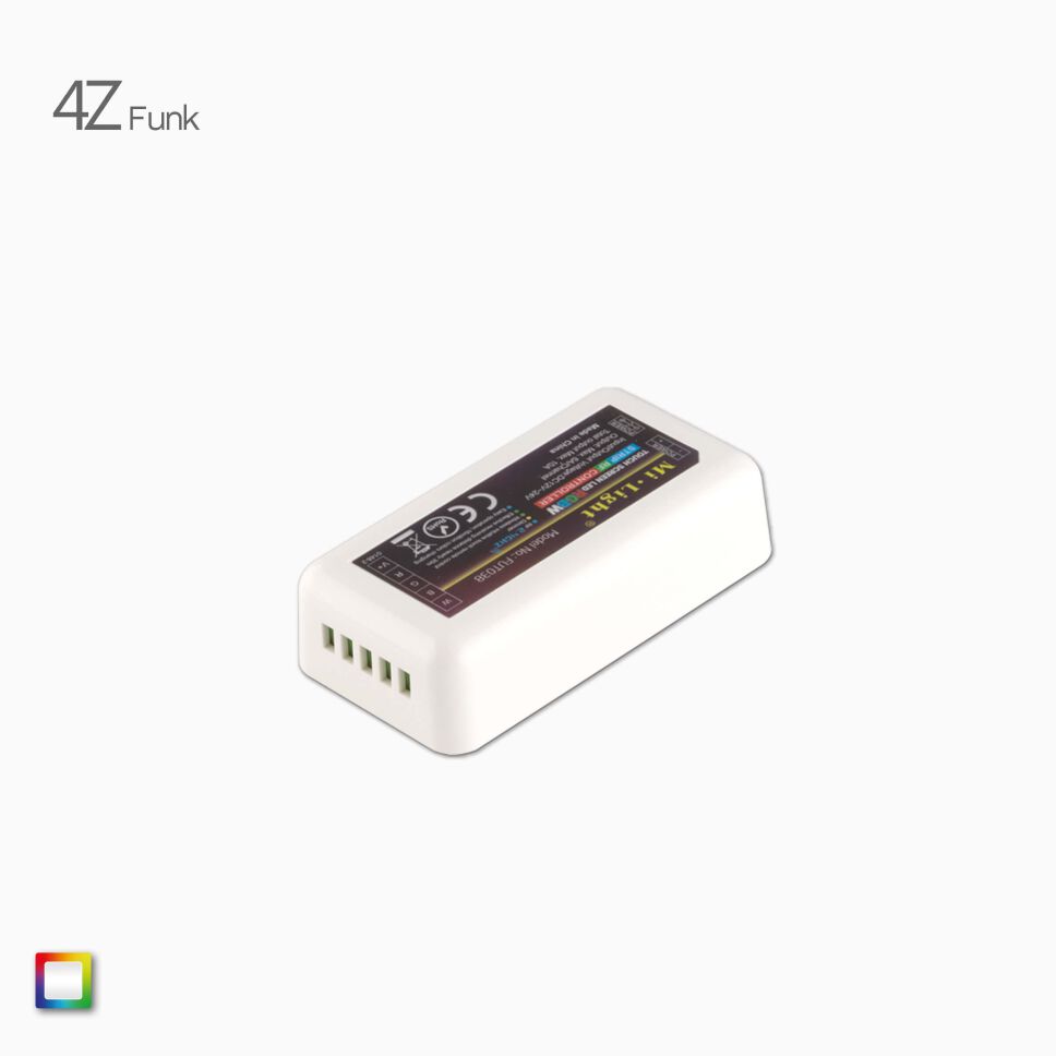 4Z RGBW LED Funk Controller bzw. Empfänger, Kavaliersansicht mit 5 Schraubklemmen für LED Streifen