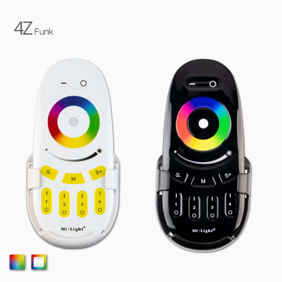 Vergleichsbild in der Frontansicht von der 4-Zonen RGB-RGBW LED Funk Fernbedienung in schwarz und weiß in Wandhalterung eingesetzt