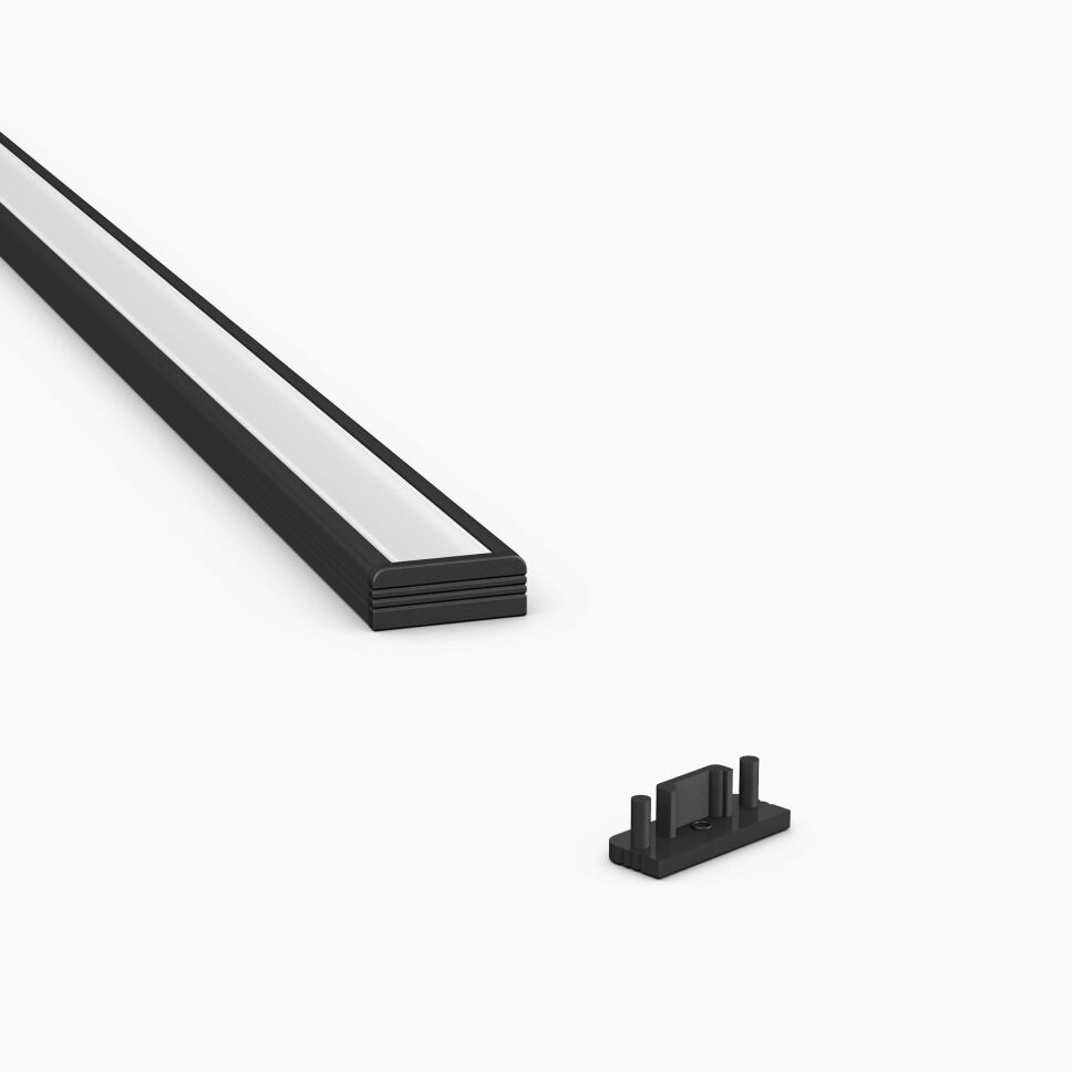 schwarze Endkappe für LED Alu Profil N, Produktbild und Anwendungsbeispiel