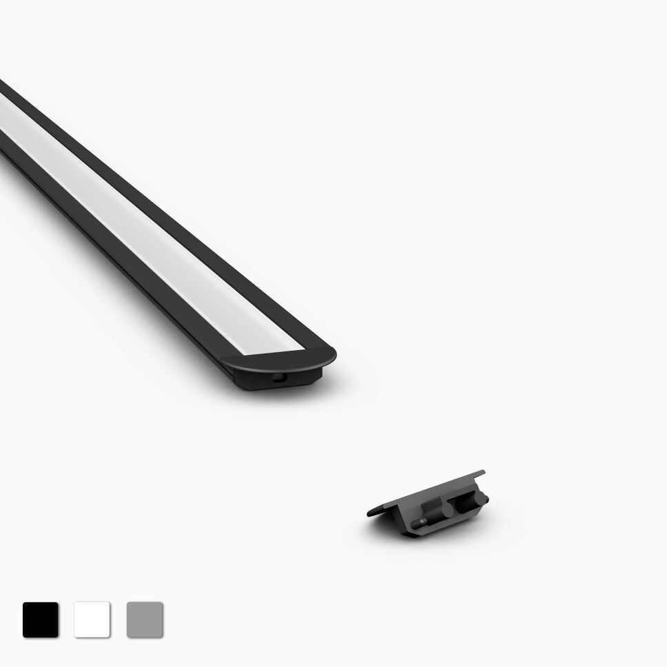 Endkappe in schwarz für LED Alu Profil F, Produktbild und Anwendungsbeispiel