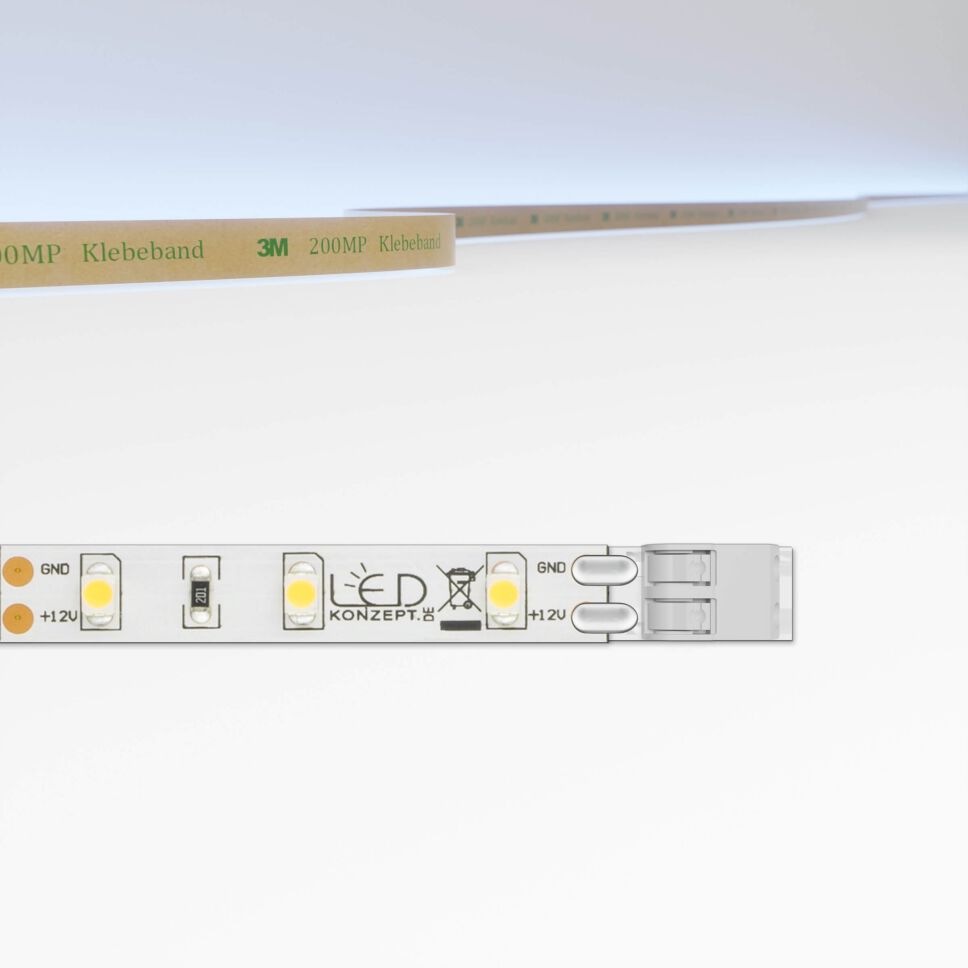LED Streifen mit weißer Oberfläche und 5cm Modullänge und schematisch Darstellung des Klemmsystems