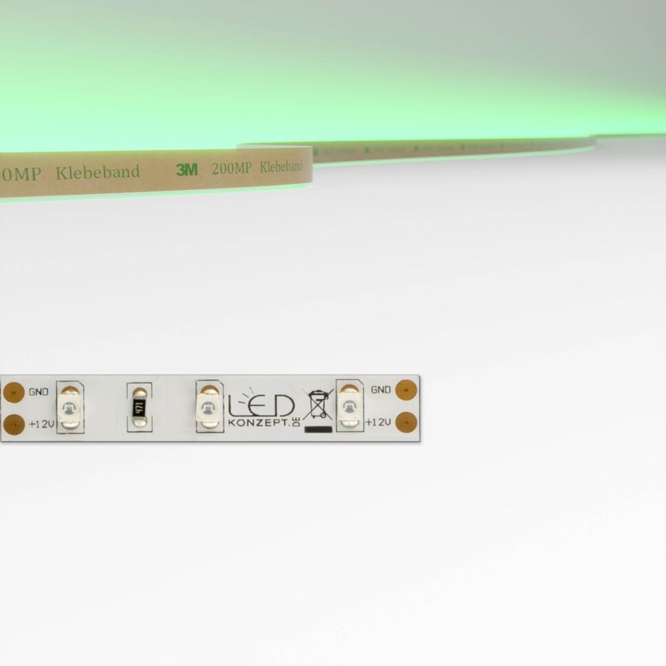einfarbiger LED Streifen, 8mm breit mit blanken Lötkontakte als Anschlussart, oben im Bild ist die Lichtfarbe und die flexible Leiterplatte zu sehen