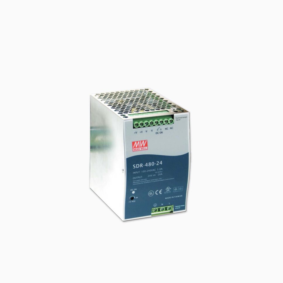 DIN Hutschienennetzteil SDR-480-24 von MeanWell mit Metalgehäuse, Produktbild vor grauen Hintergrund