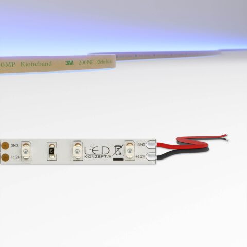 einfarbiger LED Streifen, 8mm schmal mit Litzenanschluss als Anschlussart, Lichtfarbe ist oben im Bild dargestellt
