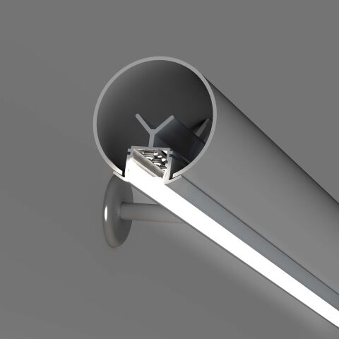 Anwendungsbeispiel für Profil POR, Nahaufnahme einer Treppengeländerbeleuchtunf, weiß leuchtend mit HS opaler Abdeckung