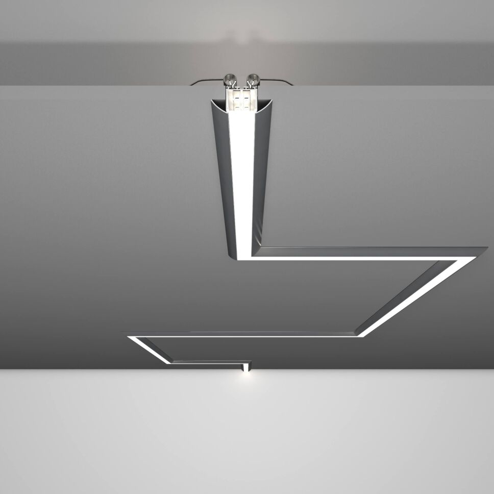 Anwendung vom LED Alu Profil LESTO, verschlungene Deckenbeleuchtung eingelassen in Rigipsdecke, gehalten von Befestigungsfeder, Licht weiß leuchtend