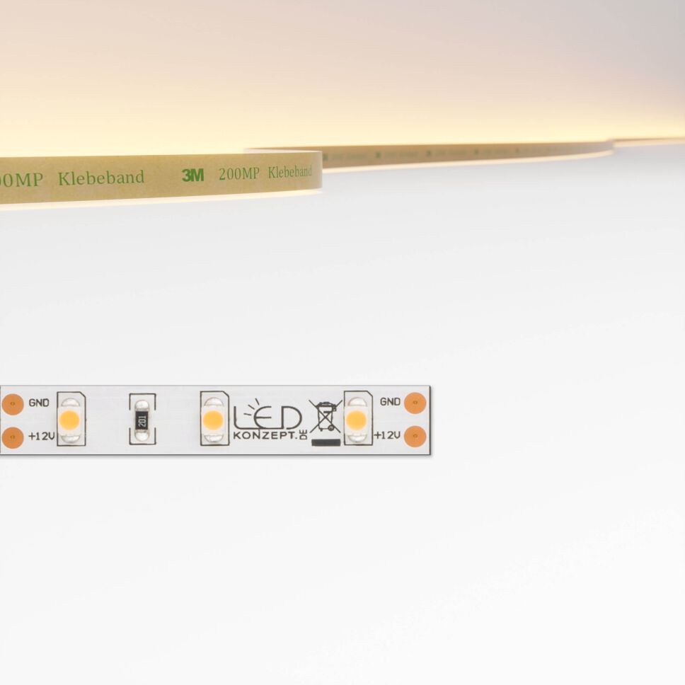 LED Streifen mit 8mm Breite und 5cm Modullänge Draufsicht, oben im Bild ist eine schematische Darstellung der Lichtfarbe zu sehen