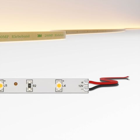 Produktfoto sparsamer LED Streifen mit 10cm Modullänge, technische Zeichnung zeigt Litzen als Anschlussart