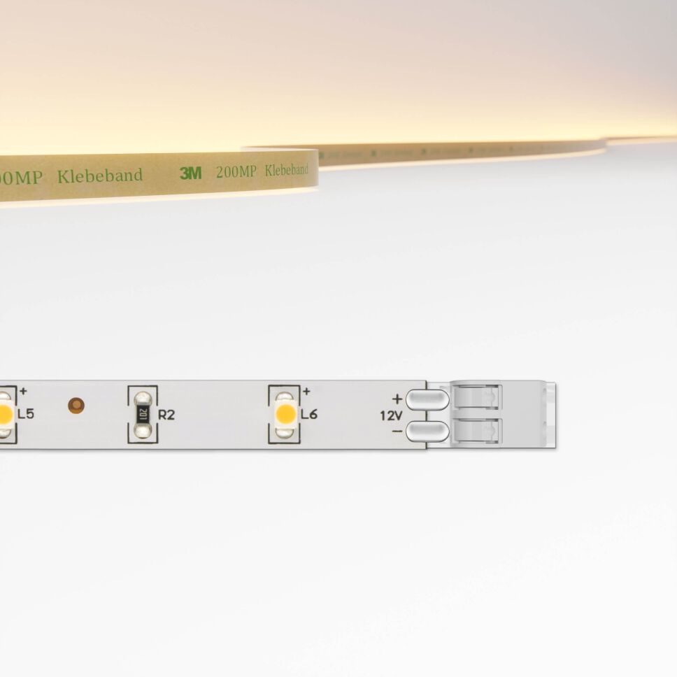 Produktfoto sparsamer LED Streifen mit 10cm Modullänge, technische Zeichnung zeigt Klemmsystem als Anschlussart