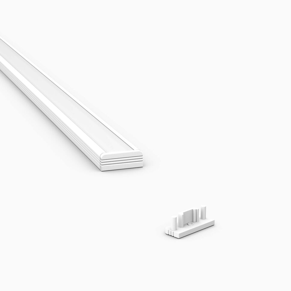 weiße Endkappe N für LED Alu Profil N, Produktbild und Anwendungsbeispiel