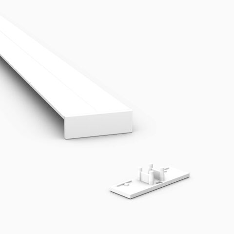 weiße Endkappe für LED Alu Profil T, Produktbild und Anwendungsbeispiel am Profil