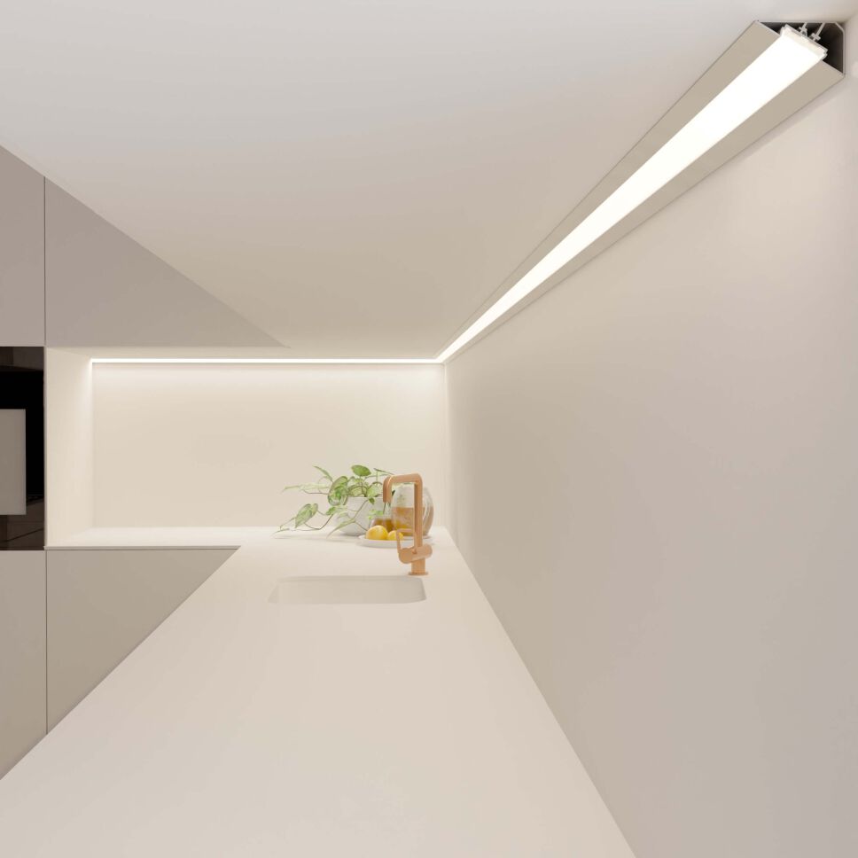 Anwendung, Beleuchtung der Arbeitsfläche in der Küche, umrandend aus der Ecke heraus, weiß leuchtend
