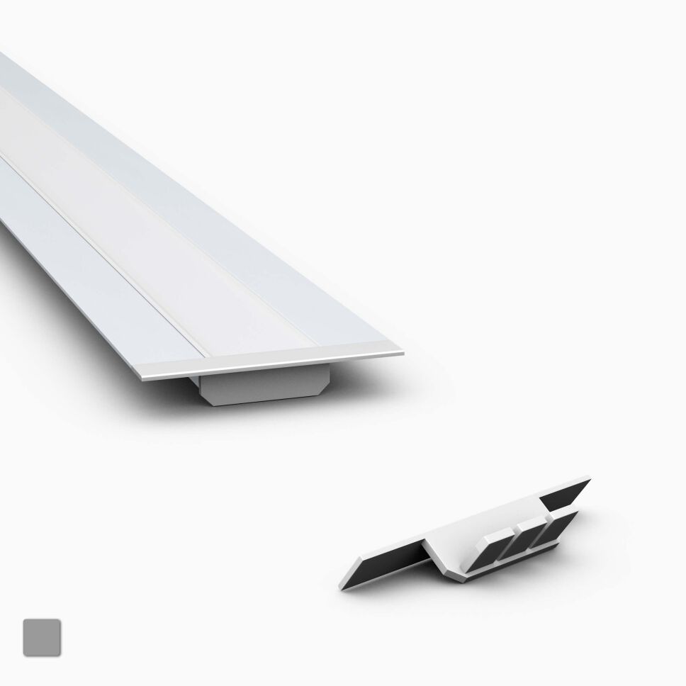 graue Endkappe aus Kunststoff für LED Alu Profil OPAC, Produktbild und Anwendungsbeispiel mit Profil