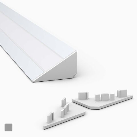 ein Paar Endkappen für das Profil LOC aus Kunststoff in grau, Produktbild und Anwendungsbeispiel mit Profil