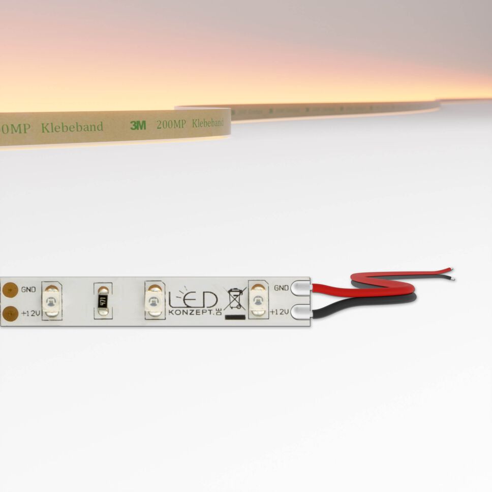 LED Streifen mit weißer Oberfläche, 8mm breit, oben die technische Zeichnung ist bemaßt, Anschlussart ist Litzenanschluss