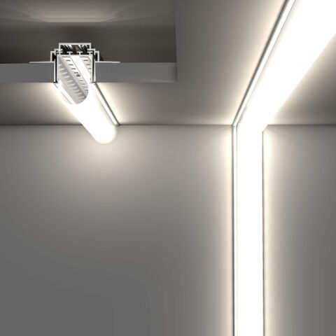 Anwendung vom LED Alu Profil LOKOM-R als Deckenbeleuchtung an Zwischendecken und als architektonische Beleuchtung, weiß leuchtend