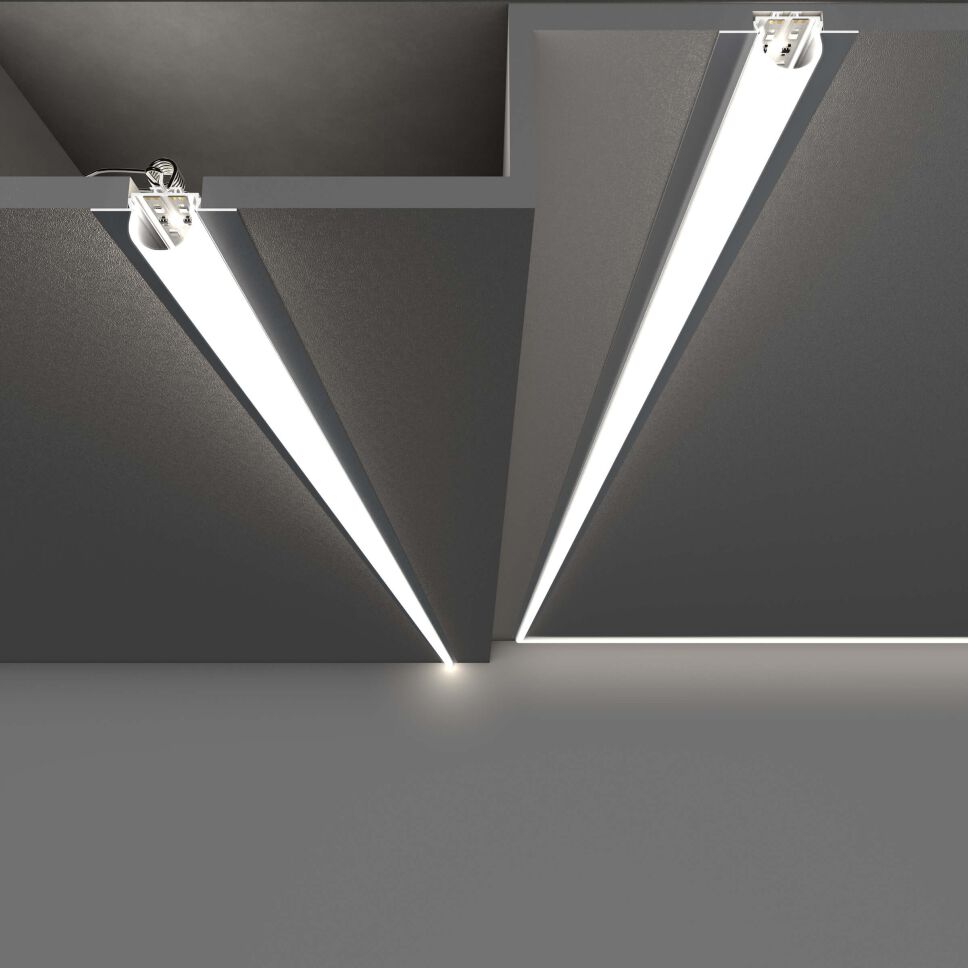 Anwendung OPAC-R als Deckenbeleuchtung, dargestellt an Zwischendecke und an Massivdecke, weiß leuchtend
